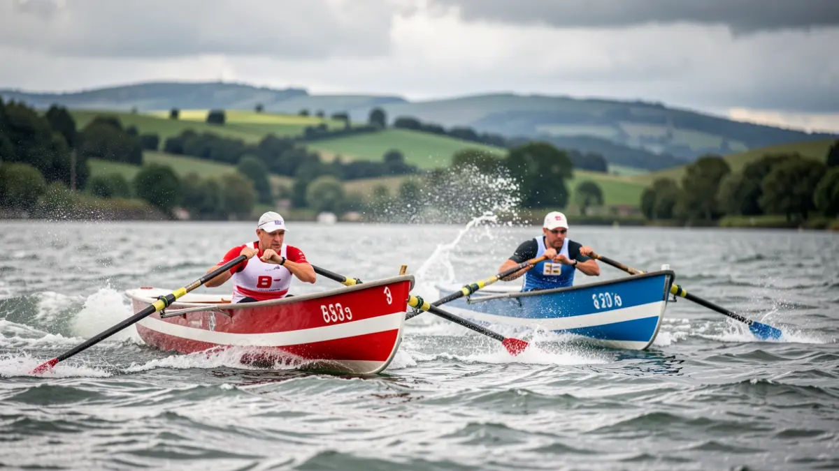 Two rowing boats, one red and white and the other blue and white, racing on choppy water under a cloudy sky, with green hills in the background.