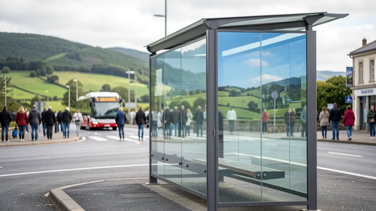 A modern bus stop shelter with a clear glass panel reflecting the blue sky and green hills of the Basque Country, a blurred image of a bus approaching in the distance.