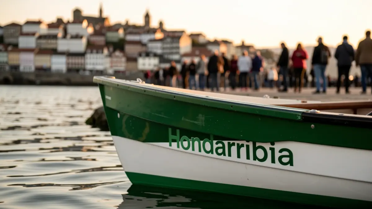 Generic image: Stern of a Hondarribia rowing boat on calm waters, with the blurred silhouette of a Basque coastal town at sunset.
