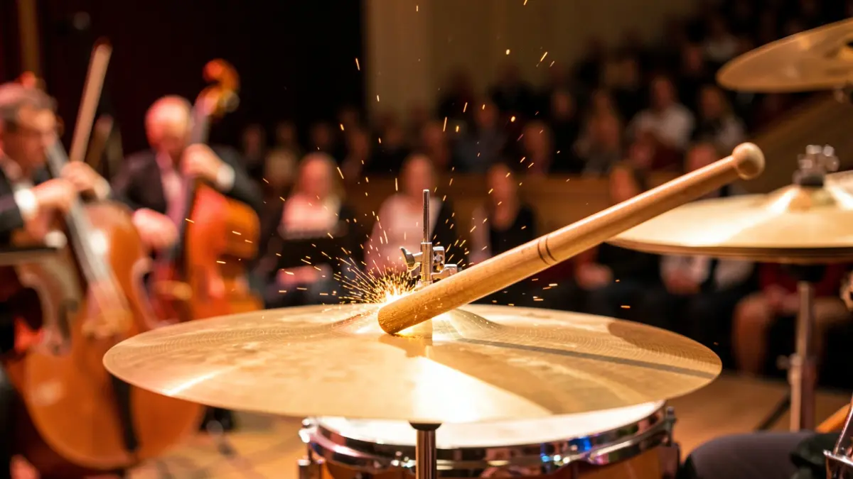 Close-up of a drumstick hitting a cymbal, creating a splash of light, with blurred musical instruments in the background.