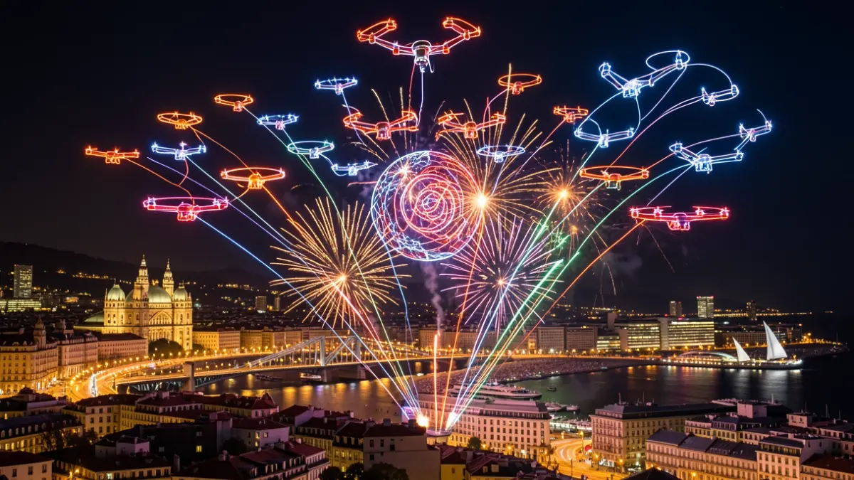 Spectacular drone light show forming luminous figures in the night sky of Bilbao, with the city skyline and the Biscay coast in the background.