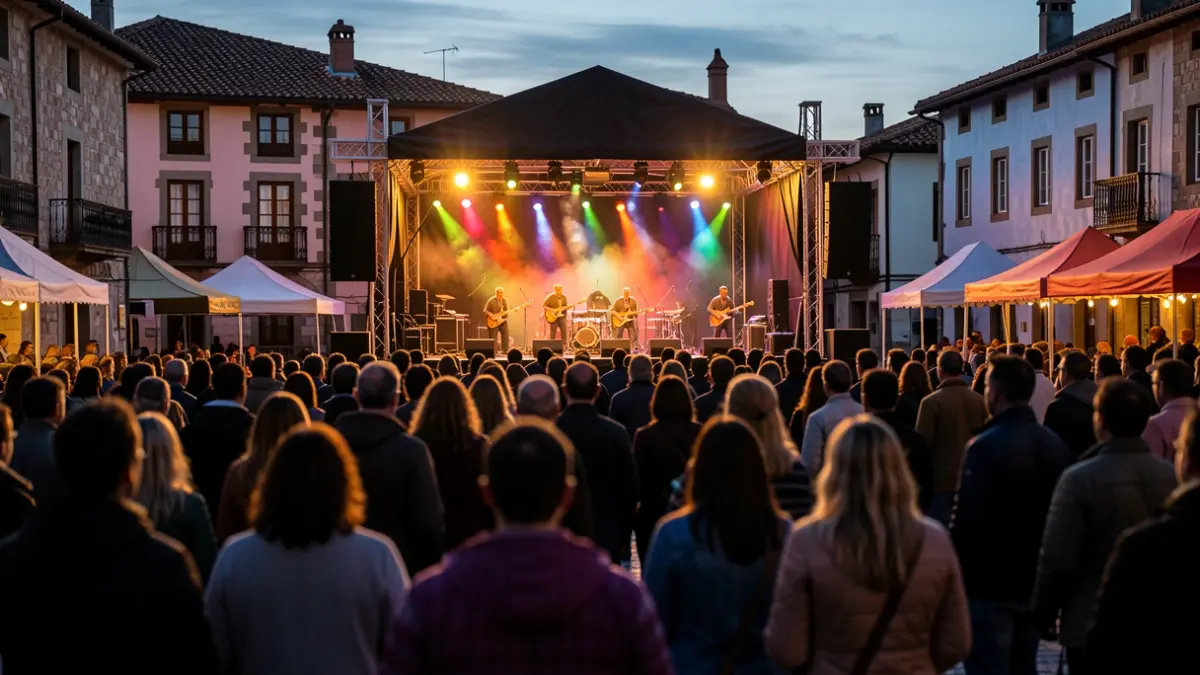Irudi generikoa: Euskal Herriko plaza batean arratsaldeko argitan girotutako musika jaialdi bat.