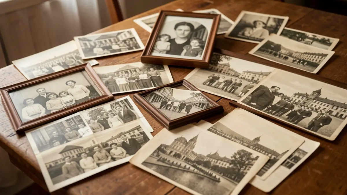 Colección de fotografías antiguas en blanco y negro, algunas enmarcadas, otras sueltas, dispuestas sobre una mesa de madera.