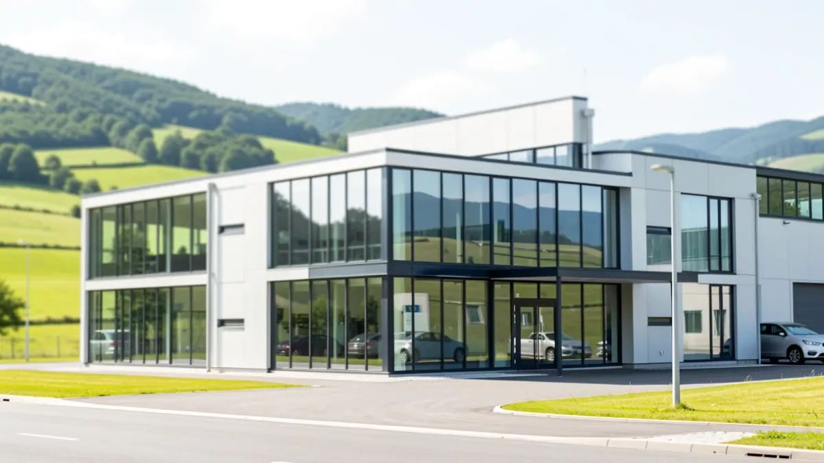 Generic image: Industrial building headquarters of a cooperative group, with Euskadi landscape.