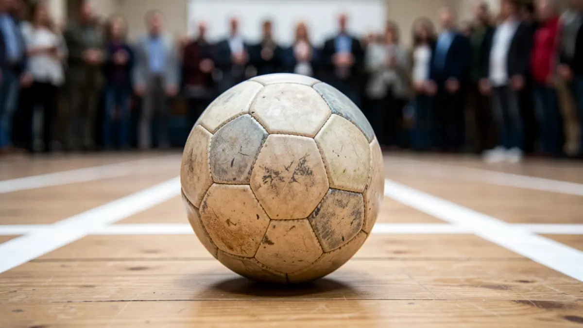 Imagen cercana de una pelota de pelota, con las líneas blancas de la cancha desenfocadas.