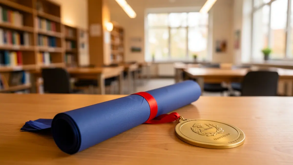 Imagen genérica: un diploma de graduación y una medalla sobre un escritorio.