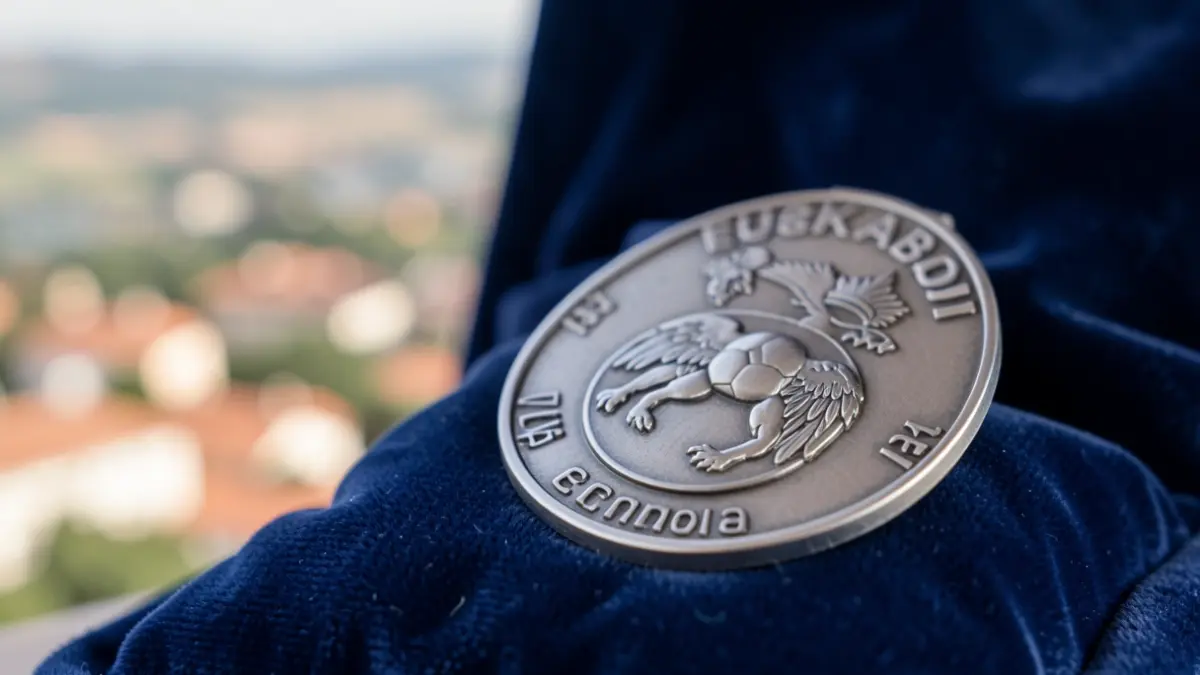 Irudi generikoa: Zilarrezko eskubaloi federazioaren domina, beheko aldean Euskal Herriko paisaia lausoa.