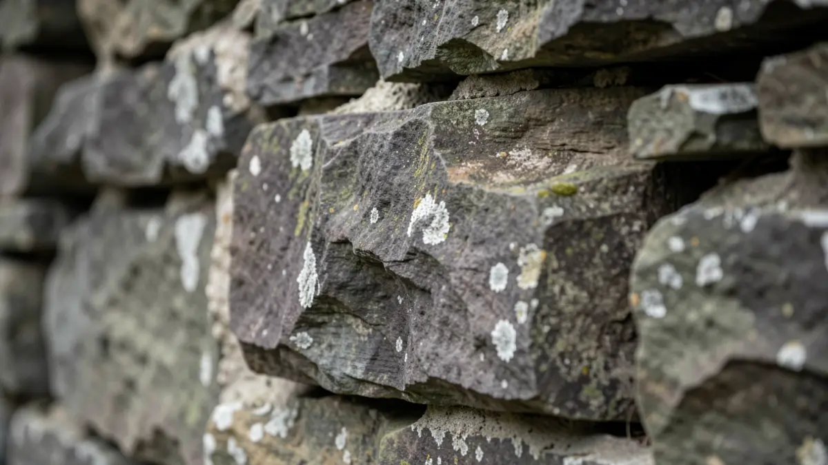 Primer plano de una piedra tradicional de muro de caserío vasco, mostrando textura y edad, con luz difusa.