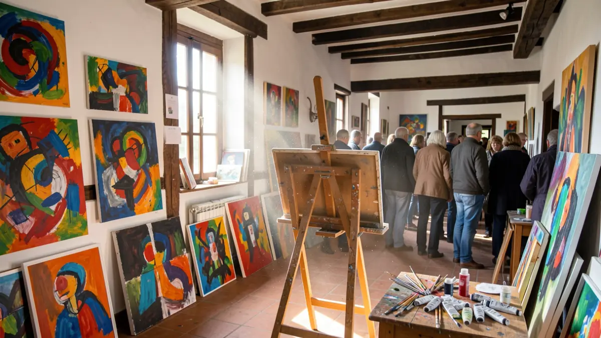 Estudio de un pintor en el País Vasco, lleno de lienzos abstractos y coloridos. La luz del sol entra por una ventana, iluminando motas de polvo. Un caballete de madera desgastado se encuentra en el centro, con pinceles y tubos de pintura esparcidos sobre una mesa cercana.