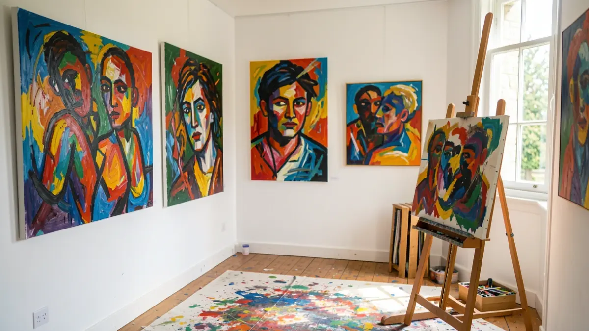 Generic image: Interior of an art studio with vibrant abstract paintings.