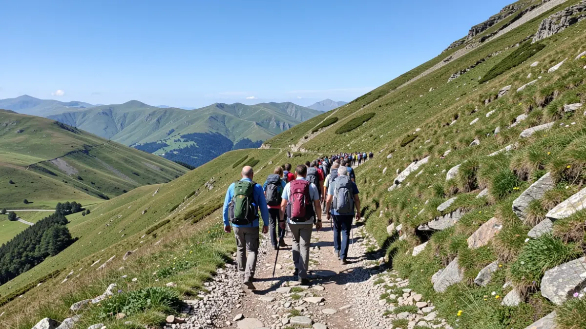 A group of hikers on a mountain trail, with green hills and a blue sky in the background.