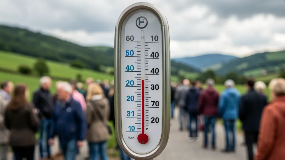 Generic image: a thermometer showing a high temperature against a blurred background of green hills and clouds, representing the Basque Country.
