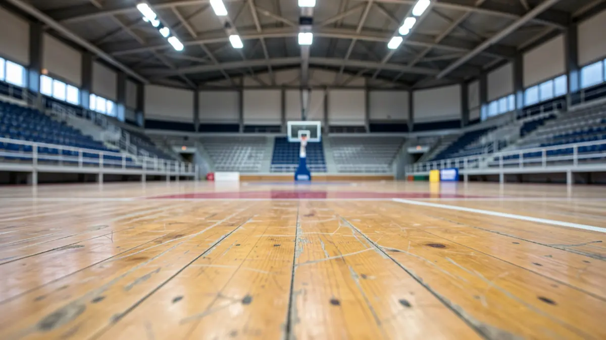 Imagen genérica del interior de la pista principal de un polideportivo en Eibar, con suelo de madera y gradas vacías.