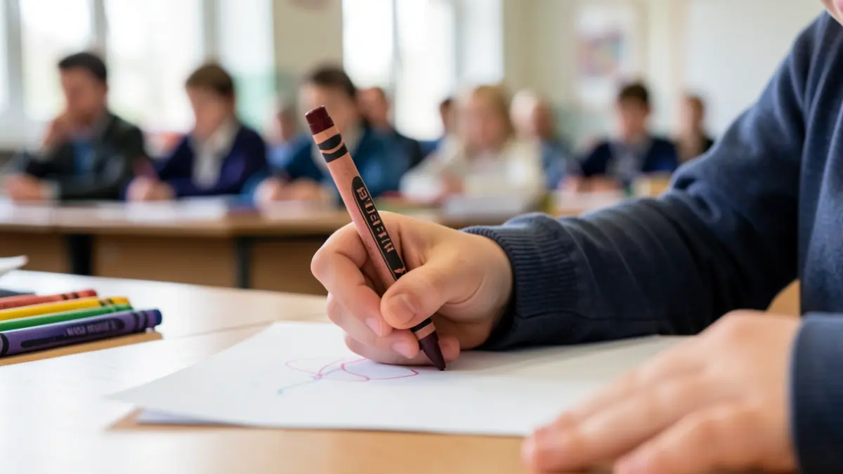 Haur baten eskua paper batean marrazten, gelako elementu lausoak atzealdean.