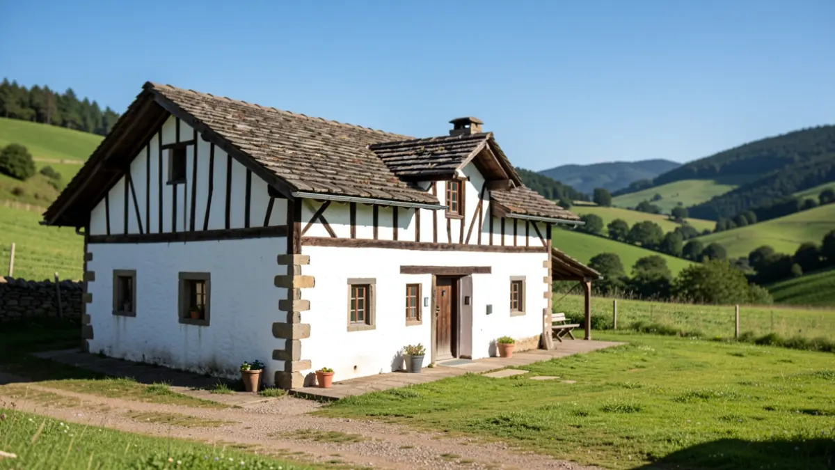 Exterior view of a traditional Basque farmhouse, with white walls and dark wooden beams, set in a green valley.