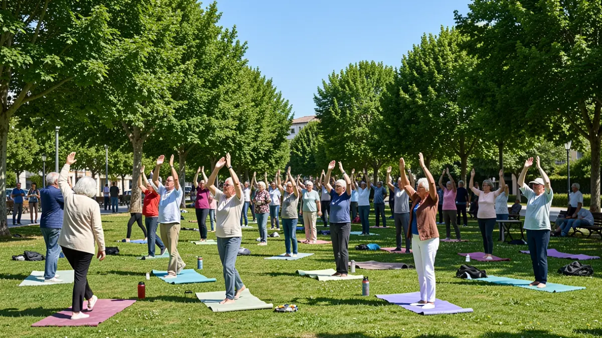 Generic image of elderly people doing yoga and gymnastics in a park.