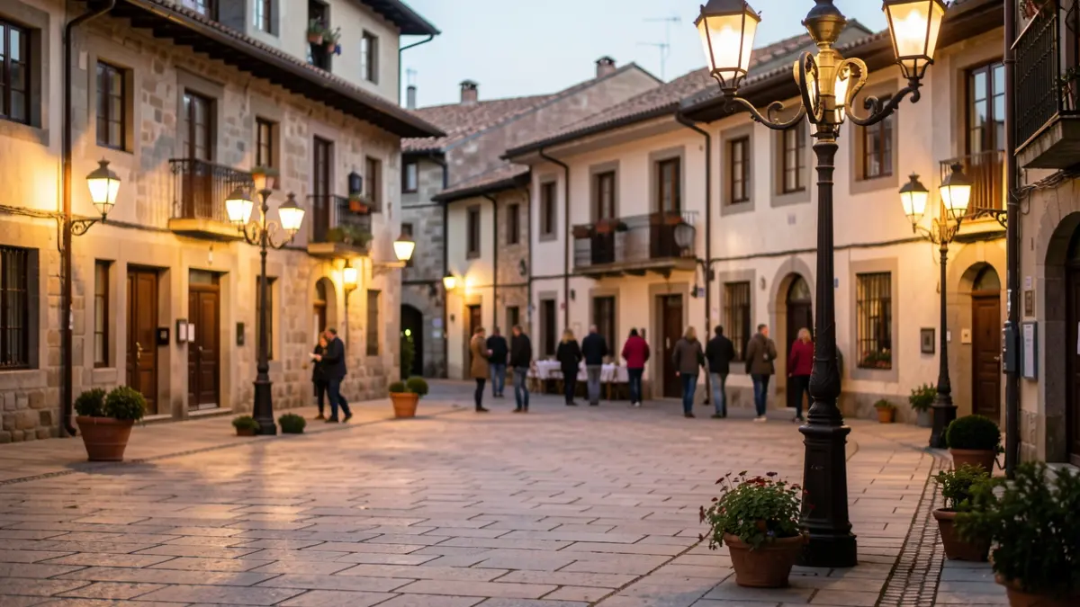 Generic image: A traditional Basque town square with stone paving and ornate streetlights, warm evening light casting long shadows.