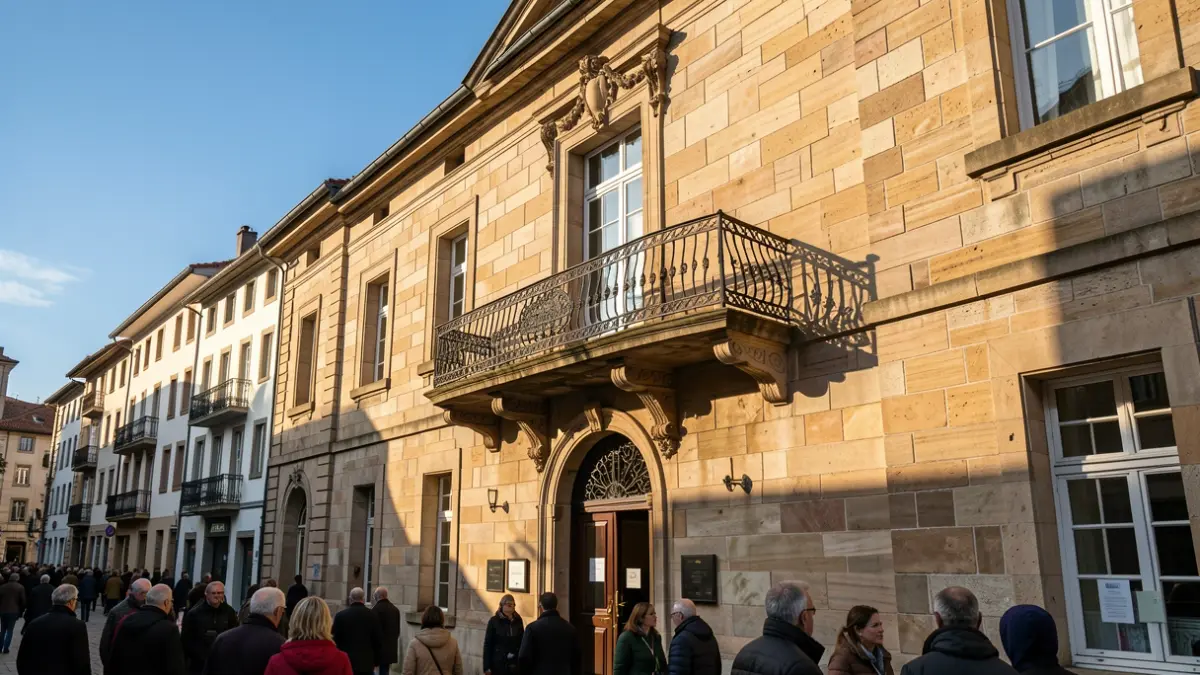Generic image of a traditional Euskadi town hall stone facade with an ornate balcony and iron railings, warm afternoon sunlight casting shadows on the sandstone walls, blue sky.