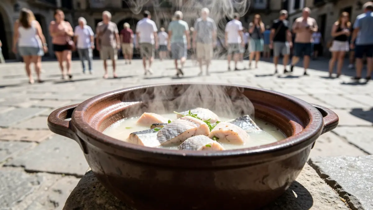 Imagen genérica: Una cazuela de bacalao al pil pil cocinándose bajo el sol en una plaza del País Vasco.