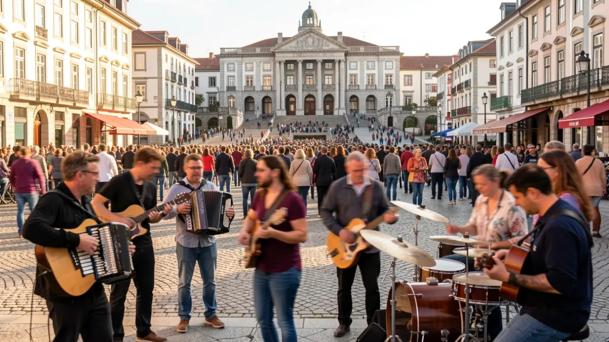 Street scene in Irun with musicians playing instruments in Ensanche square.