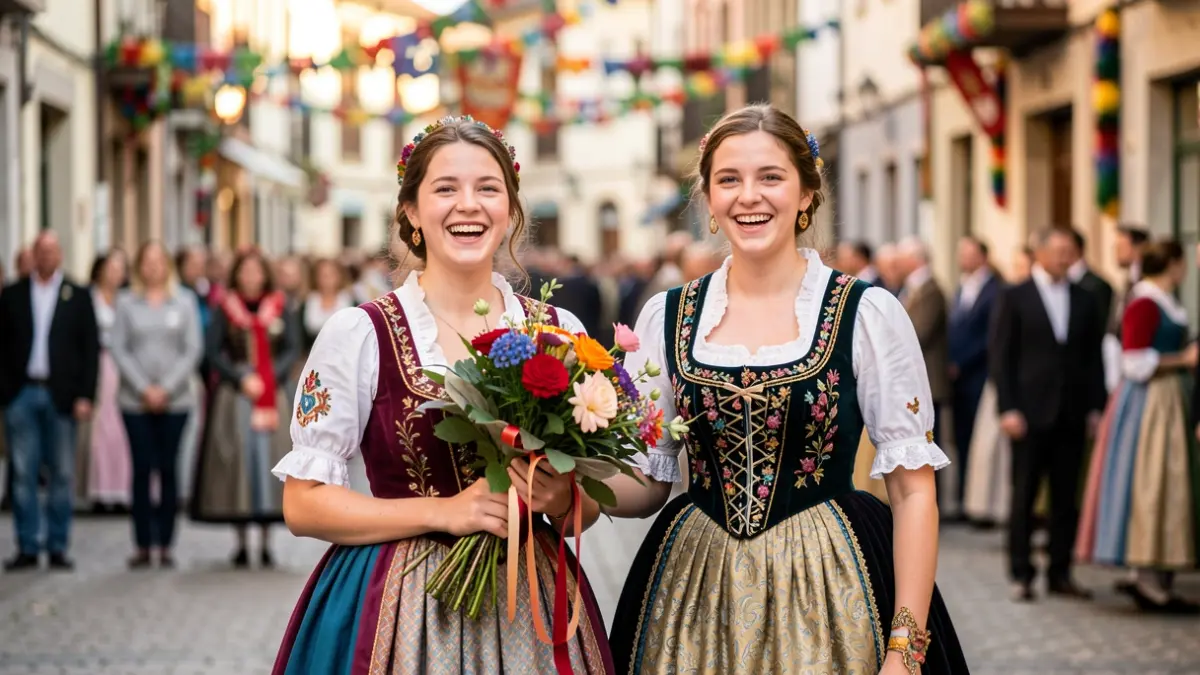 Imagen genérica: Dos mujeres jóvenes con atuendo tradicional, ramo de flores en mano, con decoraciones festivas borrosas al fondo.
