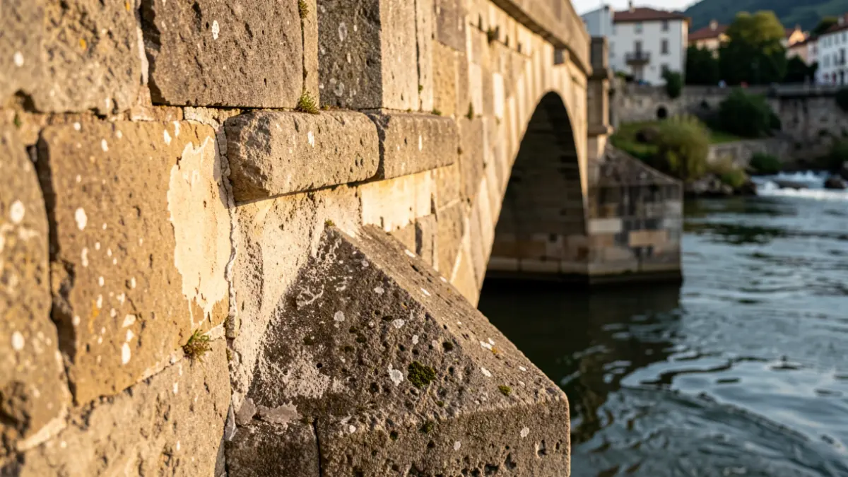 Close-up of a section of an old stone bridge showing signs of wear and repair, with the Bidasoa River flowing beneath. Focus on the texture of the stone and the water. Warm, natural lighting.
