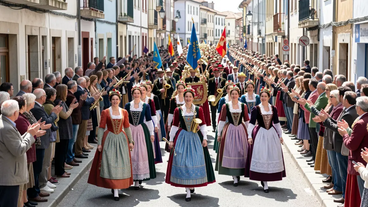 Imagen de un Alarde público en Irun, con 13 cantineras vestidas desfilando por una calle llena de espectadores vitoreando.