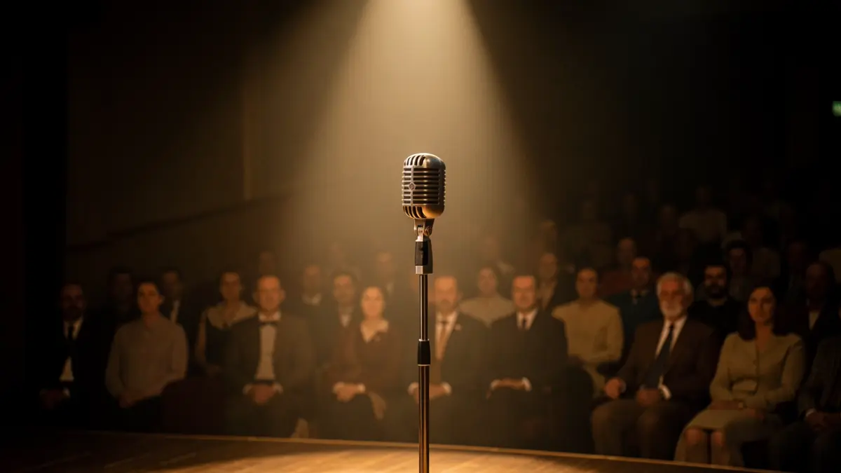 Generic image: a lit theater stage with a microphone in the center.