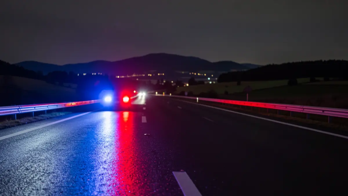 Generic image: emergency lights reflecting on a highway at night.