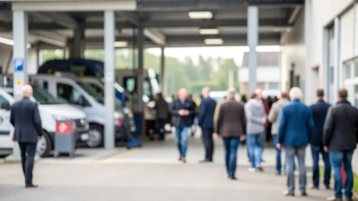 Entrance of a vehicle inspection center with industrial equipment.
