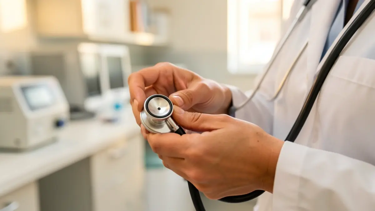 Manos de mujer sosteniendo un estetoscopio, con un fondo difuminado de un moderno centro de investigación médica en Euskadi.