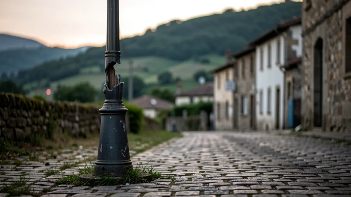Close-up of a broken street lamp in a Basque village at dusk.