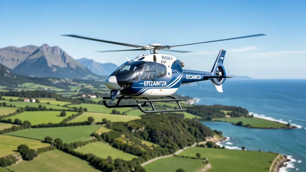 Imagen genérica de un helicóptero de la Ertzaintza sobre un paisaje verde del País Vasco.