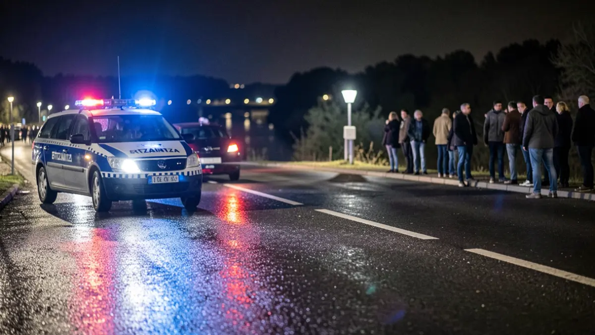 Imagen genérica de luces policiales de la Ertzaintza reflejándose en asfalto mojado por la noche.