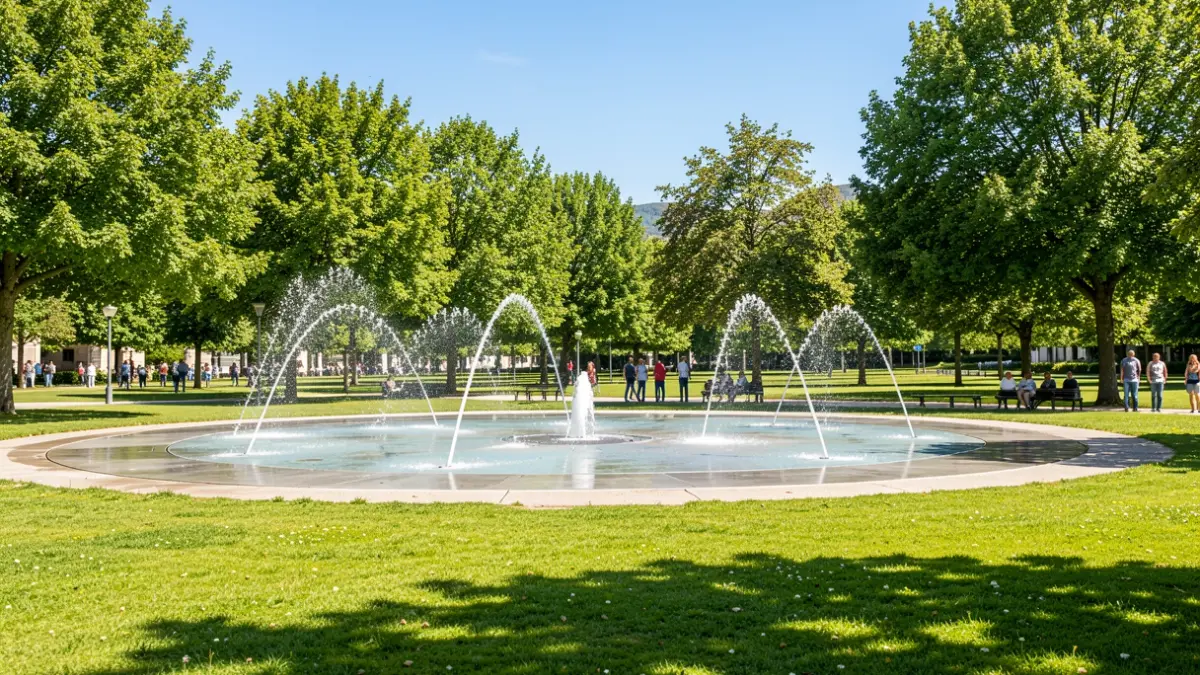 A new water play area in a park, with sunlight.