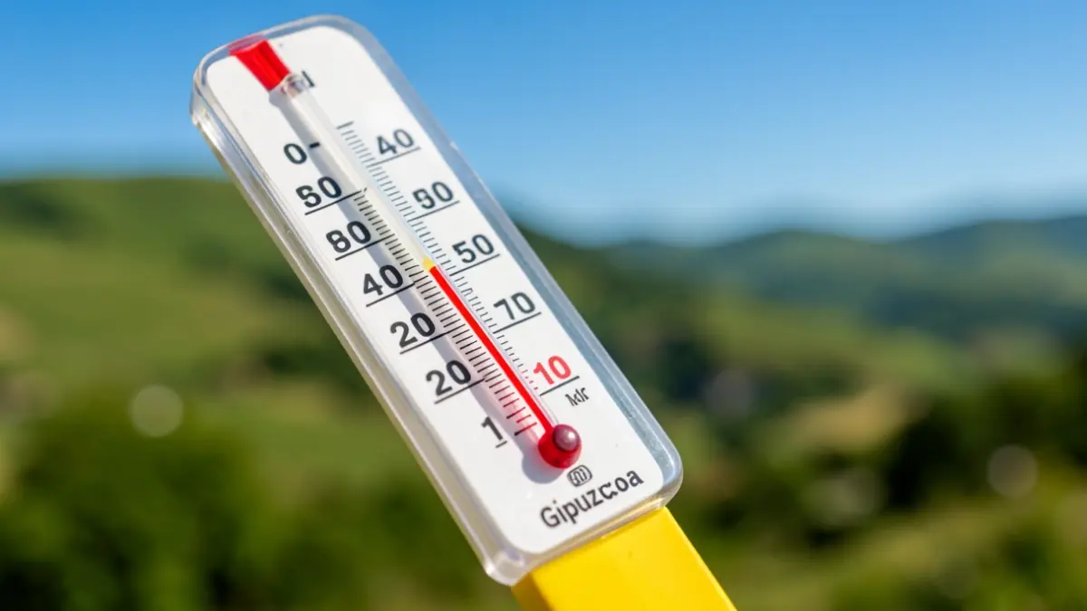 Imagen genérica: Termómetro mostrando alta temperatura, con colinas verdes y cielo azul que representan la ola de calor en Gipuzkoa.