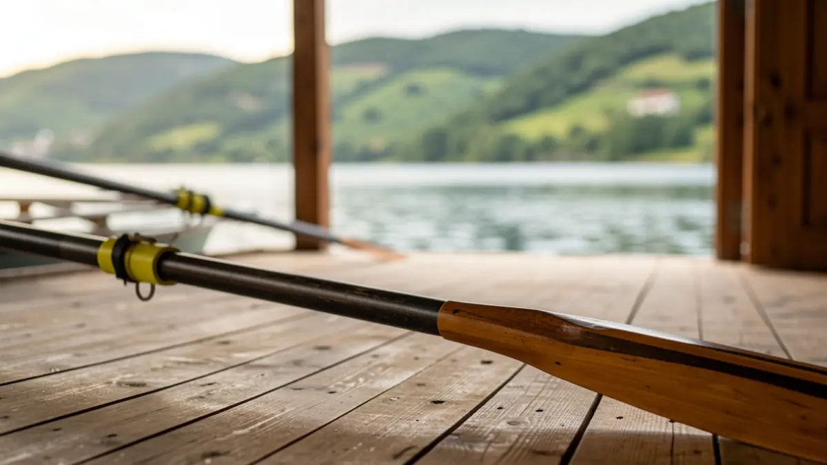 Image of a rowing oar inside a boathouse, with blurred water and Basque hills in the background.