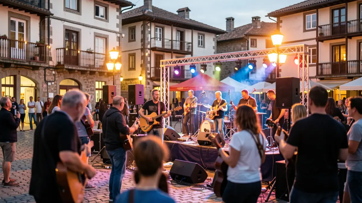 Escena genérica de un festival de blues con músicos tocando y cantando, arquitectura vasca al fondo.