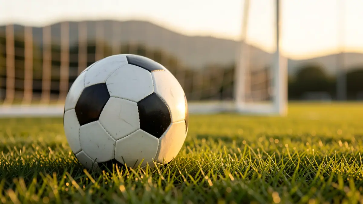 Irudi generikoa: futboleko pilota belar gainean, ate sareta lausotuta atzealdean, urrezko orduko argia.