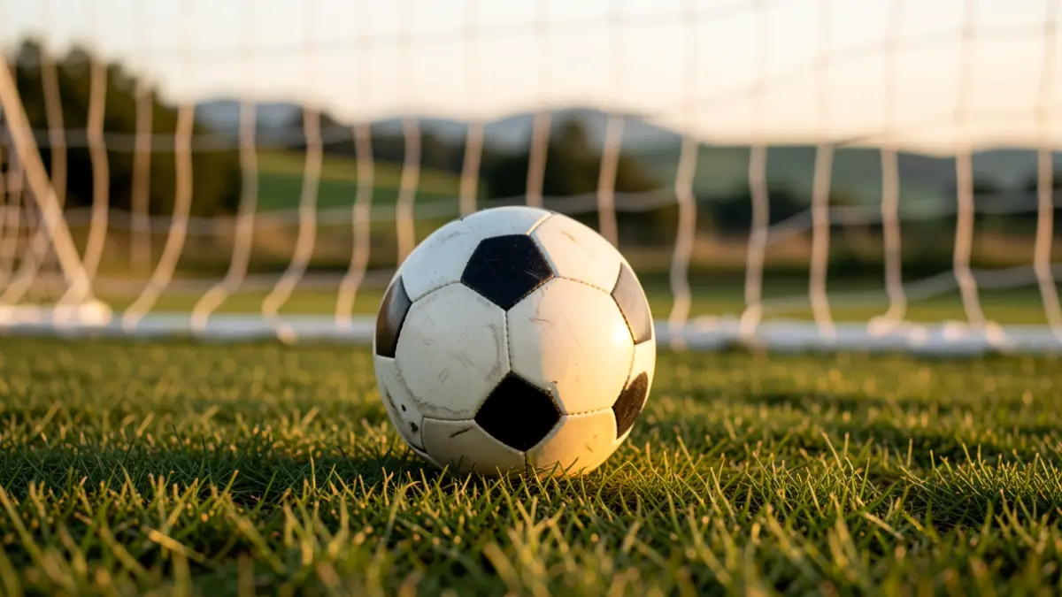 Futbol zelai batean dagoen baloiaren argazkia, urrezko argitan.