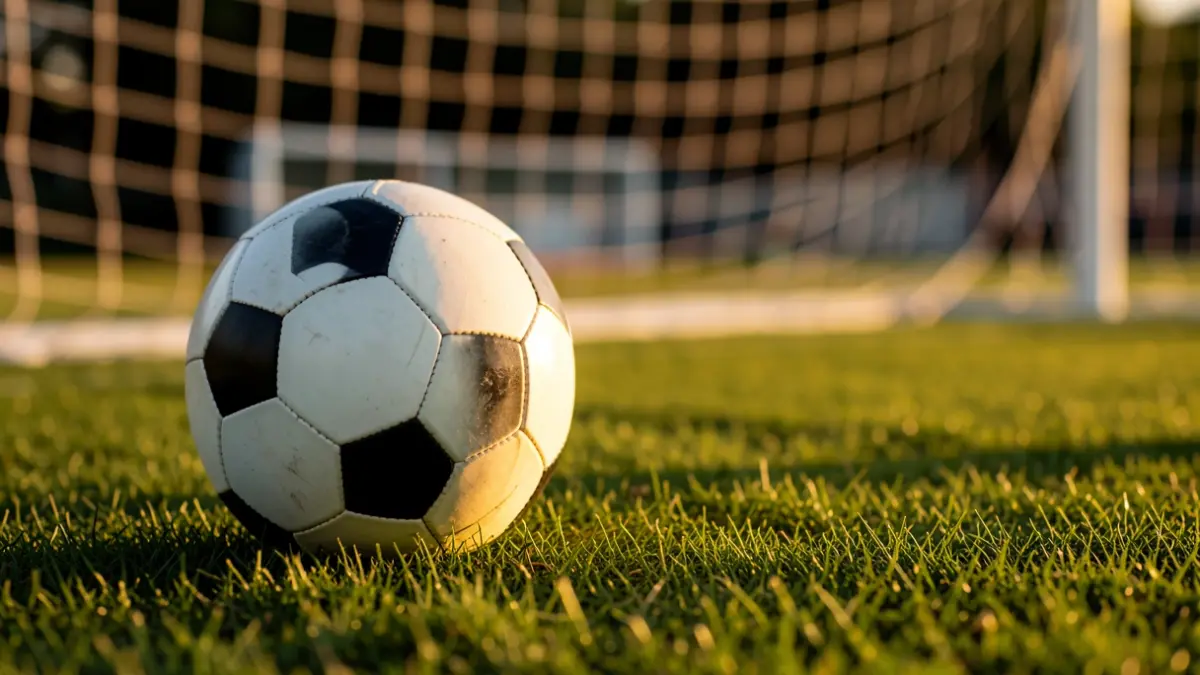 Close-up image of a football and the goal net.