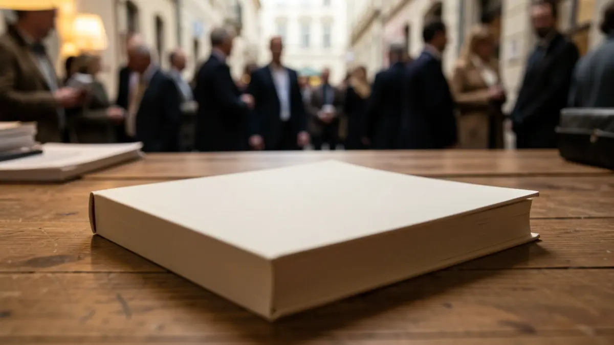 Close-up of a book with a blank cover on a wooden desk, soft ambient light.