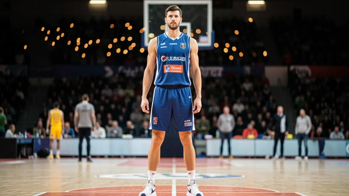 Un jugador de baloncesto muy alto en una cancha en Euskadi, con luces de estadio borrosas.