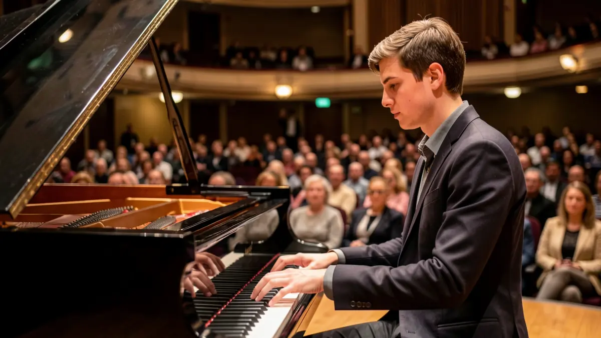 Young man playing a grand piano in a concert hall, warm lighting.