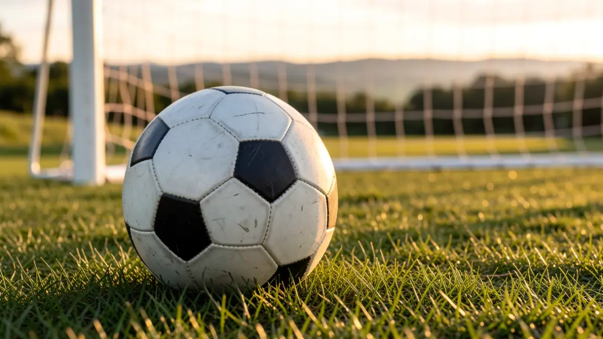 Image of a soccer ball on a field, with the goal net blurred in the background.