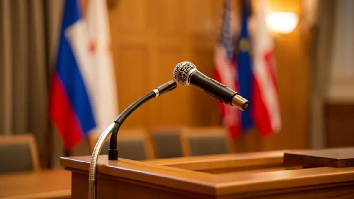 Generic image: Microphone on a podium, soft light.