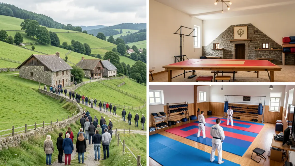 Generic image: Interior of a dojo with judo mats and training equipment, with a Euskadi landscape.