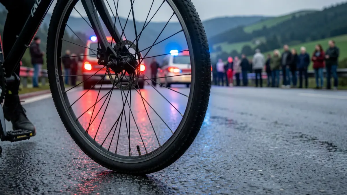 Imagen de primer plano de la rueda de una bicicleta accidentada en la carretera, con reflejos de luces de emergencia rojas y azules.