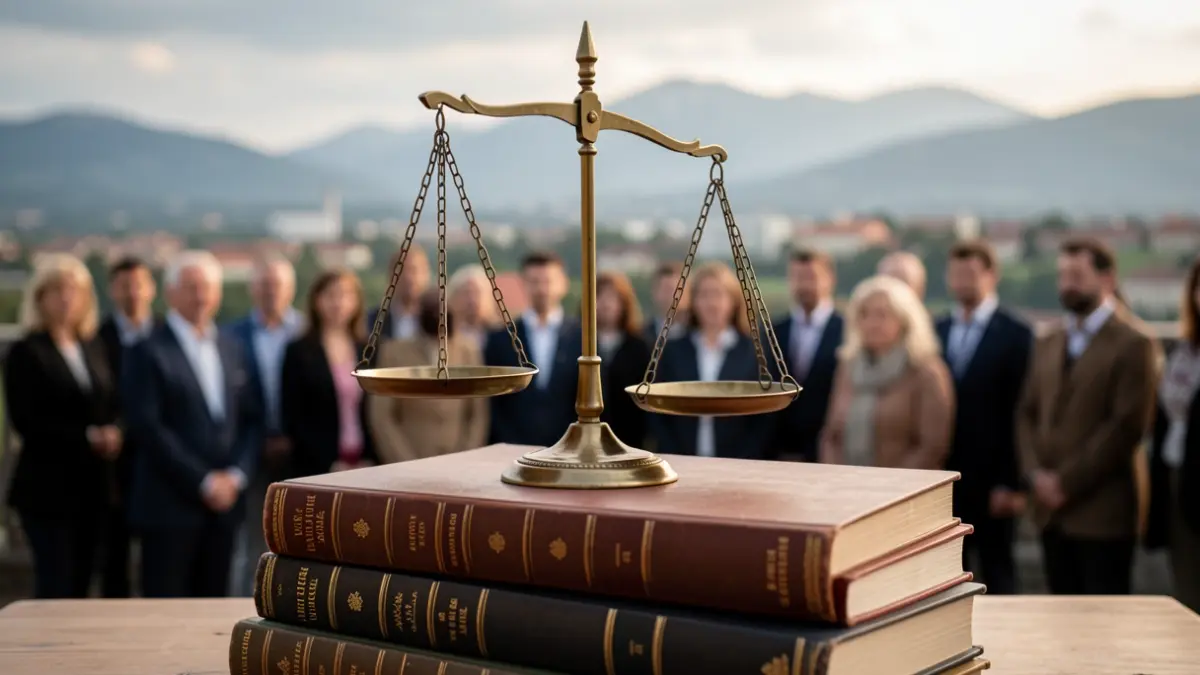 Irudi generiko bat justiziaren balantzari buruzkoa, lege liburuen gainean jarria, Euskadiko paisaia lauso batekin.