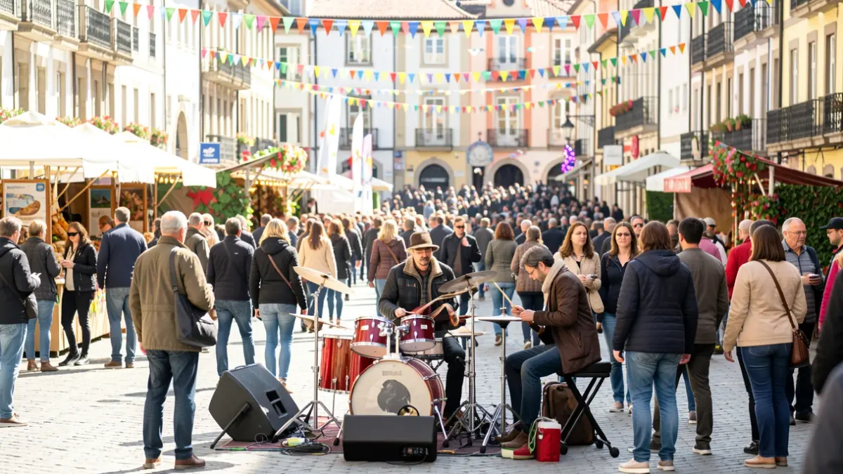 Generic image: Street performers in a Vitoria-Gasteiz square during the Kaldearte festival, with blurred crowds and colorful decorations in the background.